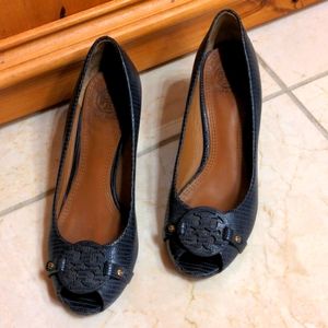 Tory Burch Mini Miller Open-Toe Wedge Navy sz 7